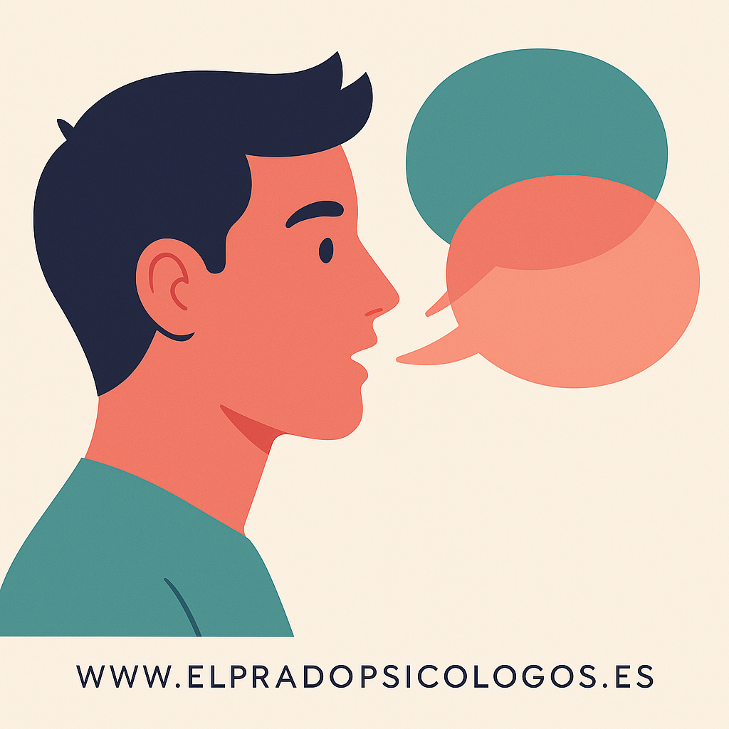 Ilustración estilo plano de un perfil hablando con burbujas de diálogo; comunicación asertiva y expresión clara.